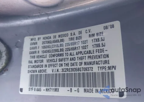 2008 Honda Cr-V Lx from USA, damaged, VIN 3CZRE38358G709372